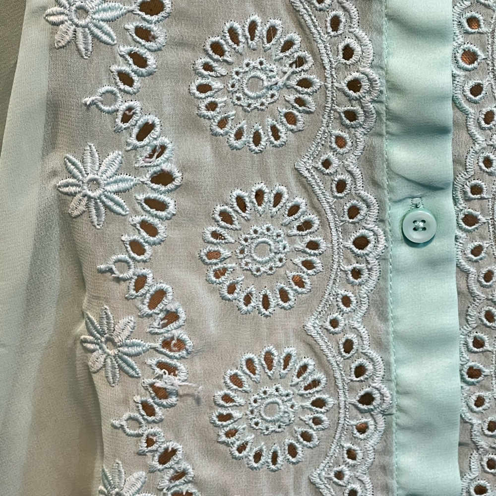 Seafoam aqua eyelet floral lace button down shirt blouse lightweight sheer beach - Picture 10 of 12